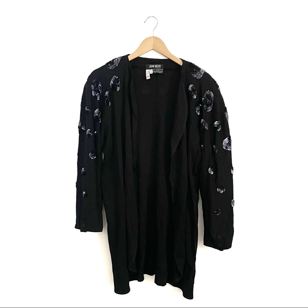 Vintage Jean Muir London Black Sequin Longline Open Blazer Jacket Size 6 80s